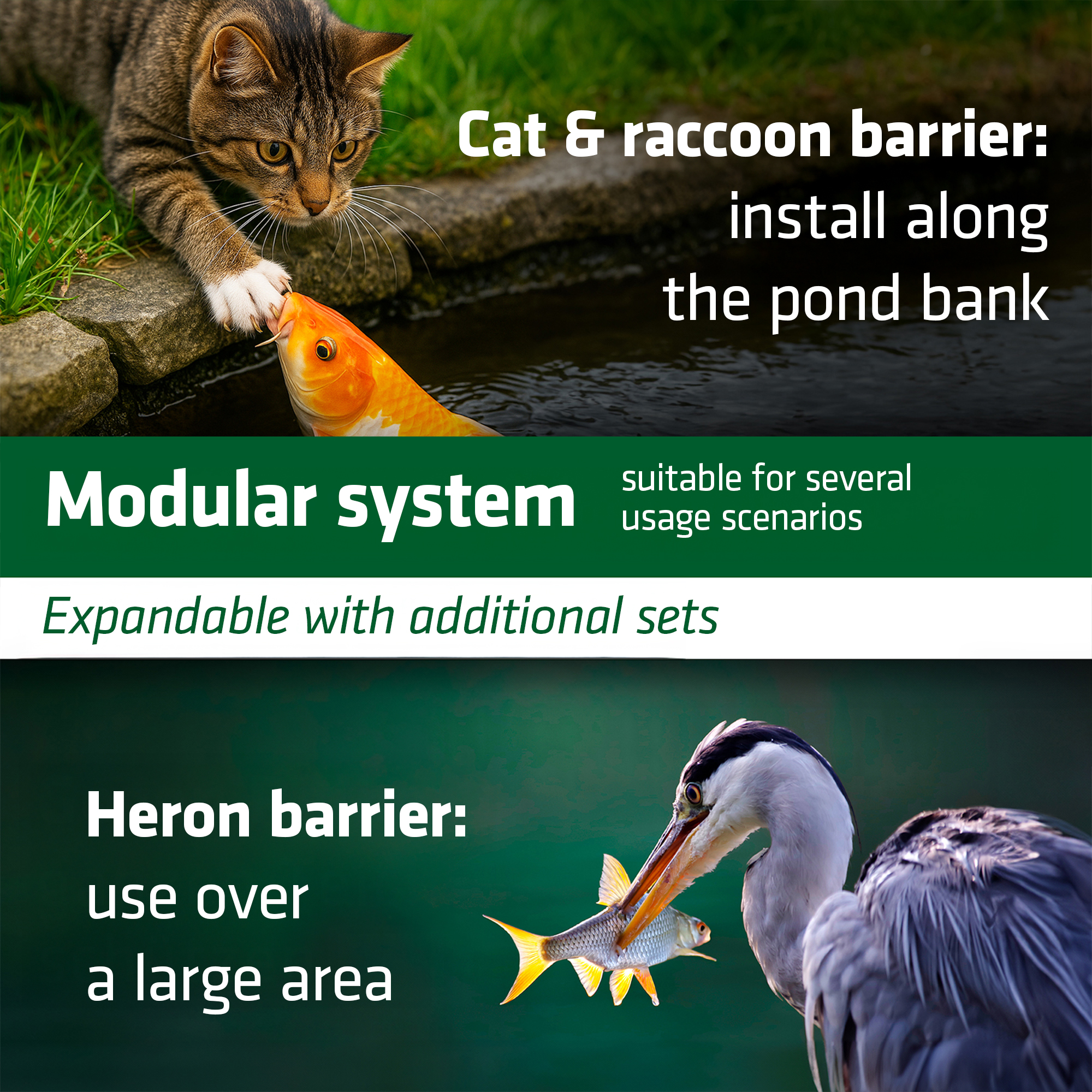 install along the pond bank for protection against cats & racccons, over a large area as a heron barrier