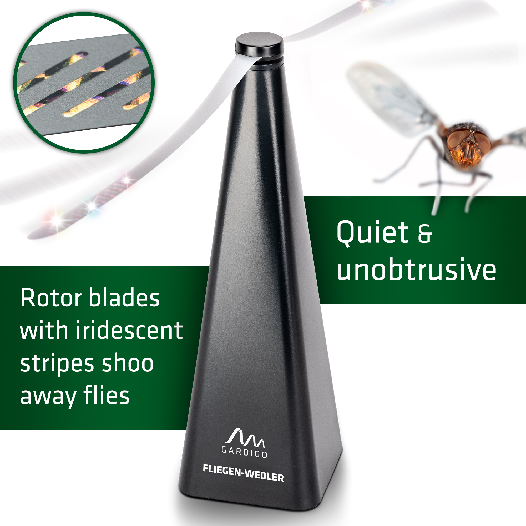 Iridescent stripes The rotor blades of the fly repellent fan have iridescent stripes for shooing away flies. The product is quiet and unobtrusive.