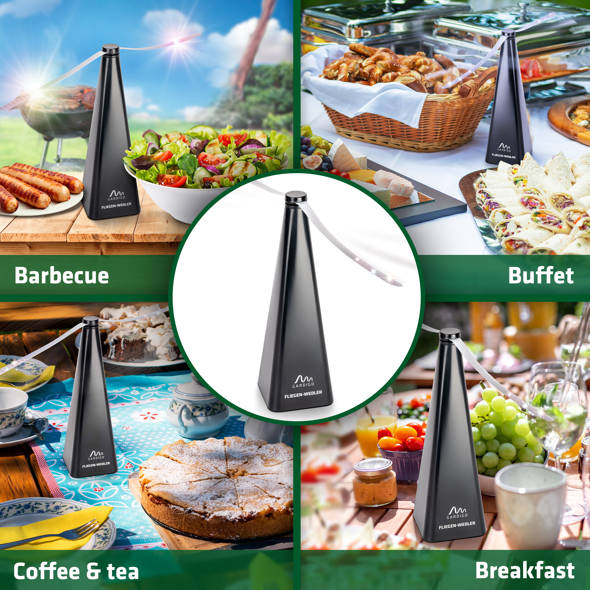 The GARDIGO fly repellent fan is ideal for barbecues, buffets, when you’re having coffee, tea or breakfast.