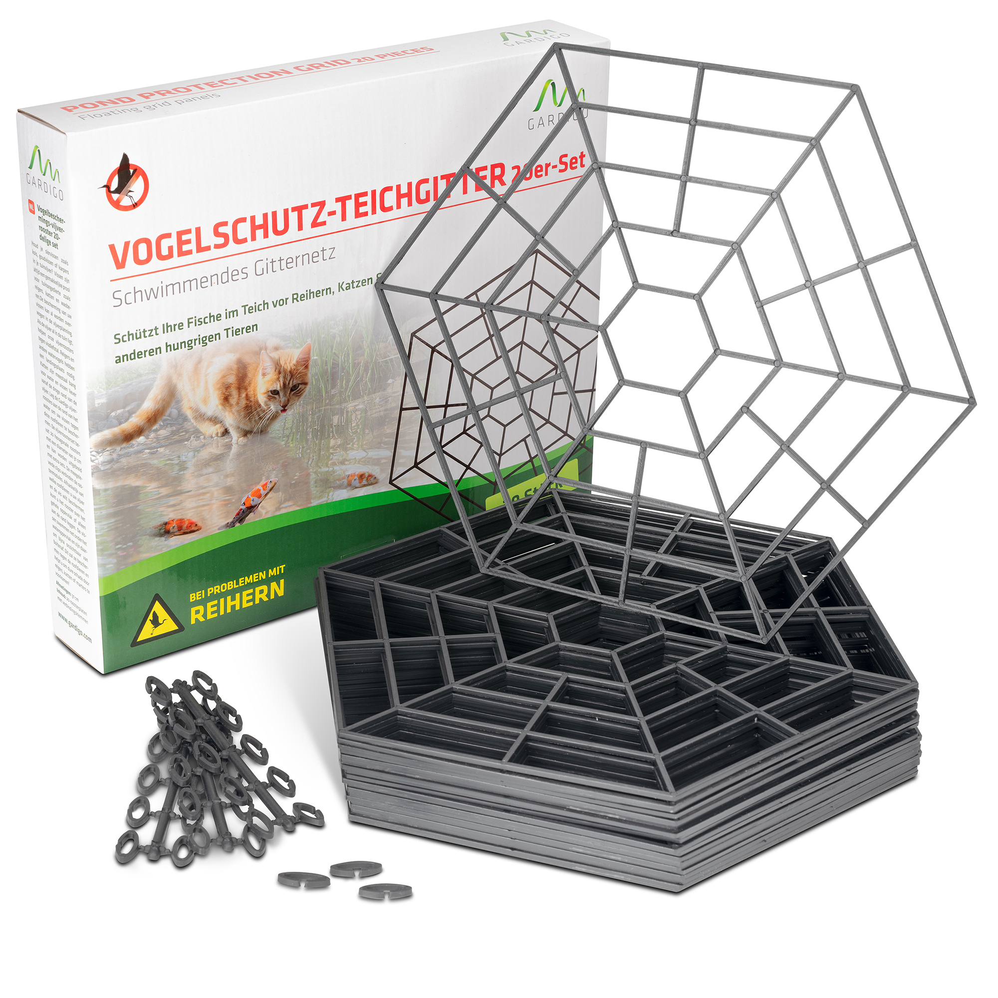 vogelschutz-gitter-6008420-verpackung Pond Protection Grid | set of 20 | for problems with herons & cats