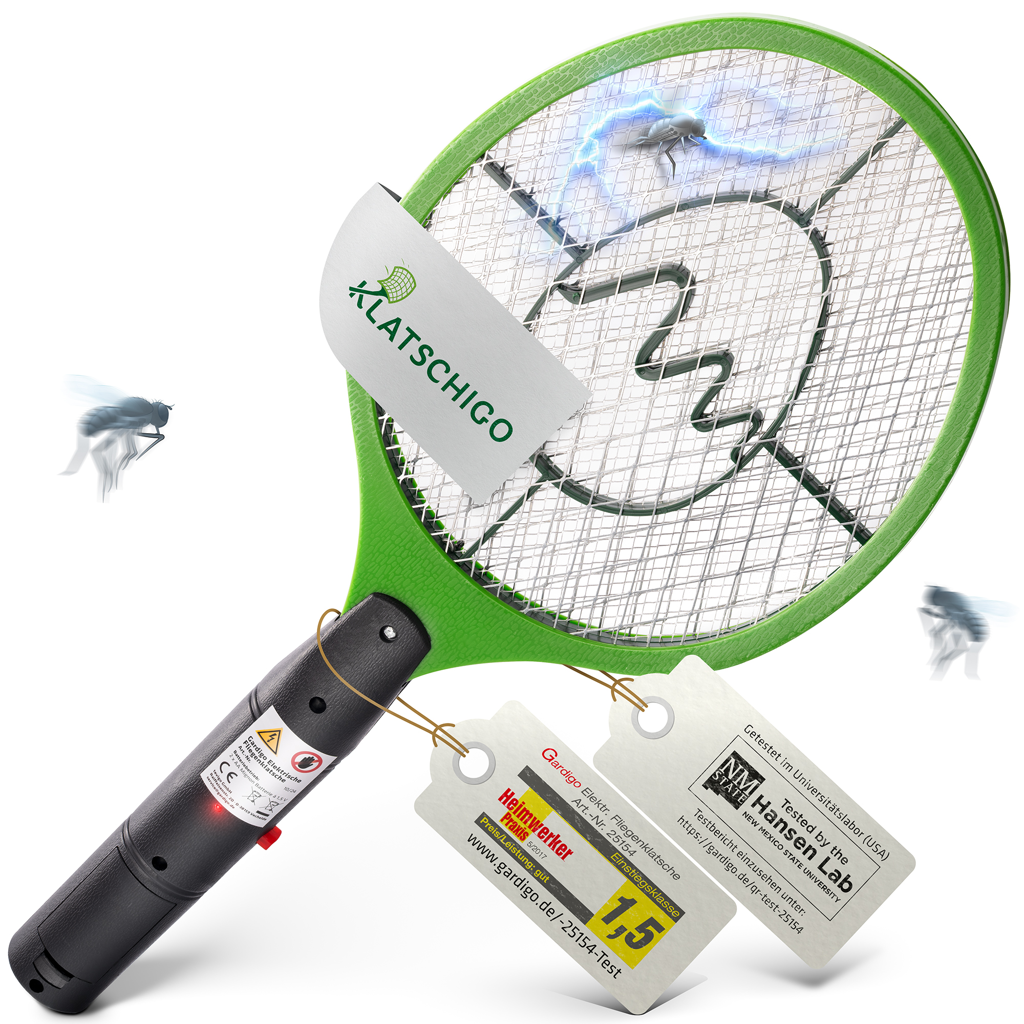Electronic Flyswatter Elektrische Fliegenklatsche "Klatschigo" von GARDIGO. Grün mit schwarzem Griff. Rote Status-LED. Getestet von Heimwerker-Praxis und Hansen Lab.