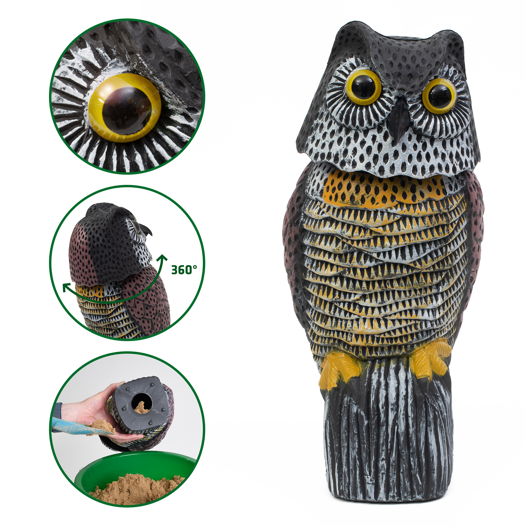 60102-Vogel-Abwehr-Eule-drehbarer-Kopf-reflektierende-Augen Bird Deterrent Owl