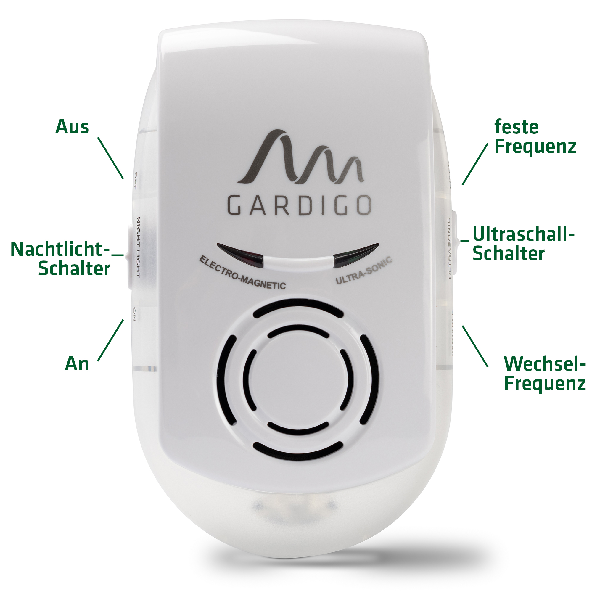 Features: Nachtlichtschalter und Ultraschall-Schalter, mit dem eine feste Frequenz oder die Wechselfrequenzoption aktiviert werden kann