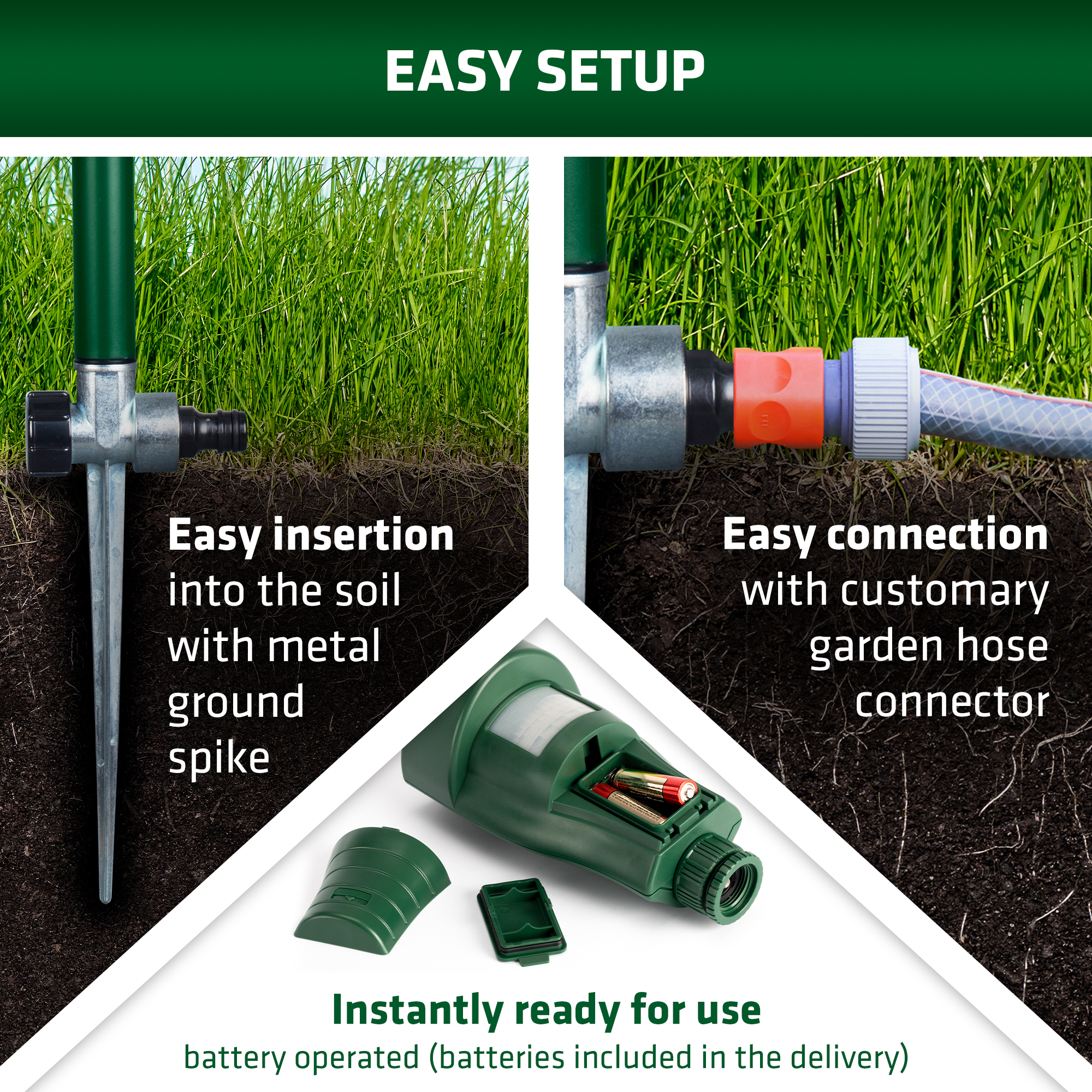 Easy setup: insertion into soil with metal ground spike; connection with customary garden hose connector; instantly ready for use; battery operated (batteries included)