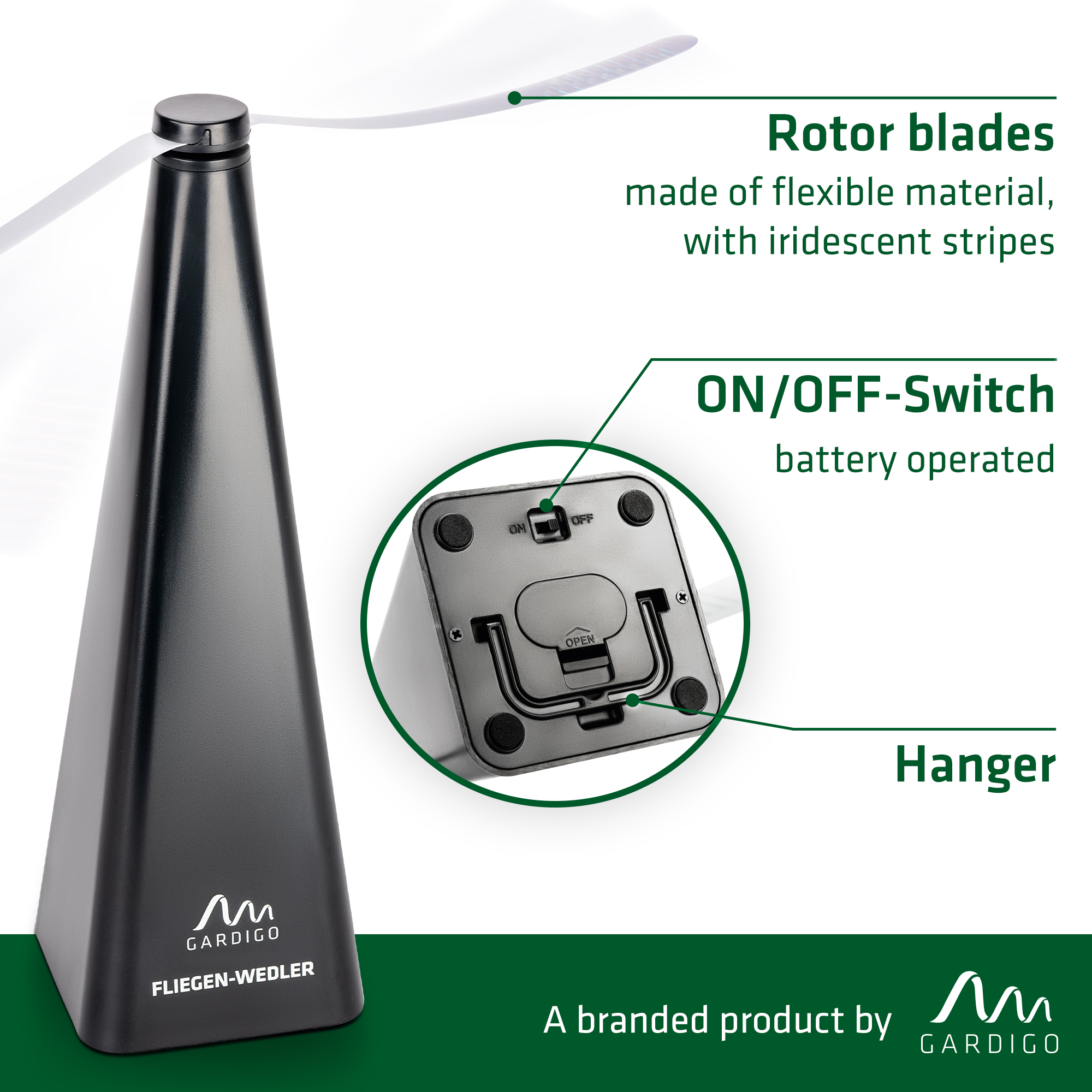 Features of the GARDIGO Fly Repellent Fan Fly repellent table fan with on/off switch and hanger